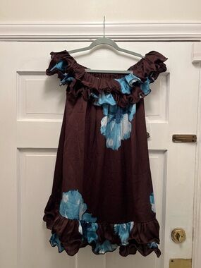 A NEW DAY Brown Mini Dress with Blue Floral Ruffle Size M